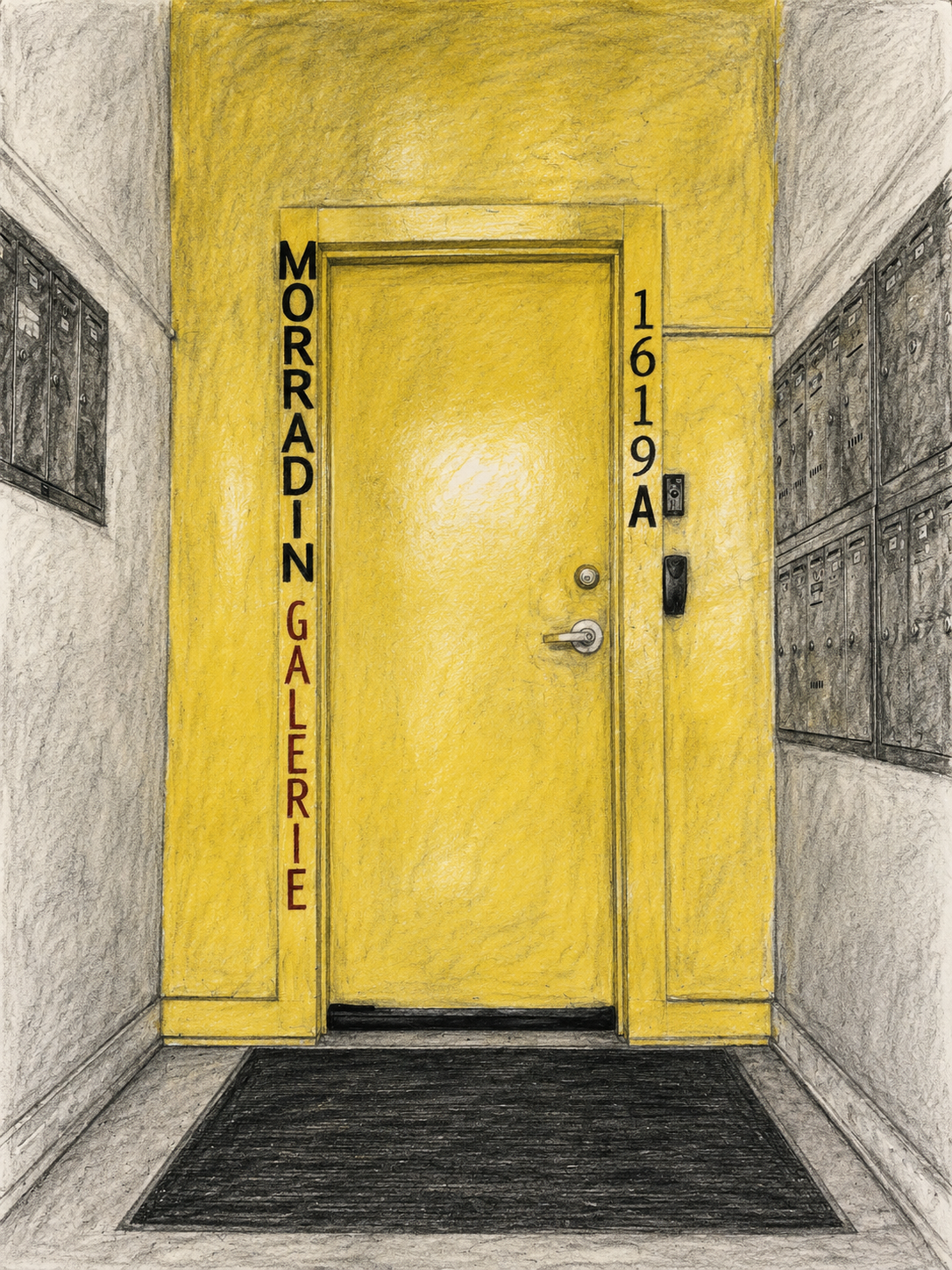 The yellow door at 1619A William — charcoal study