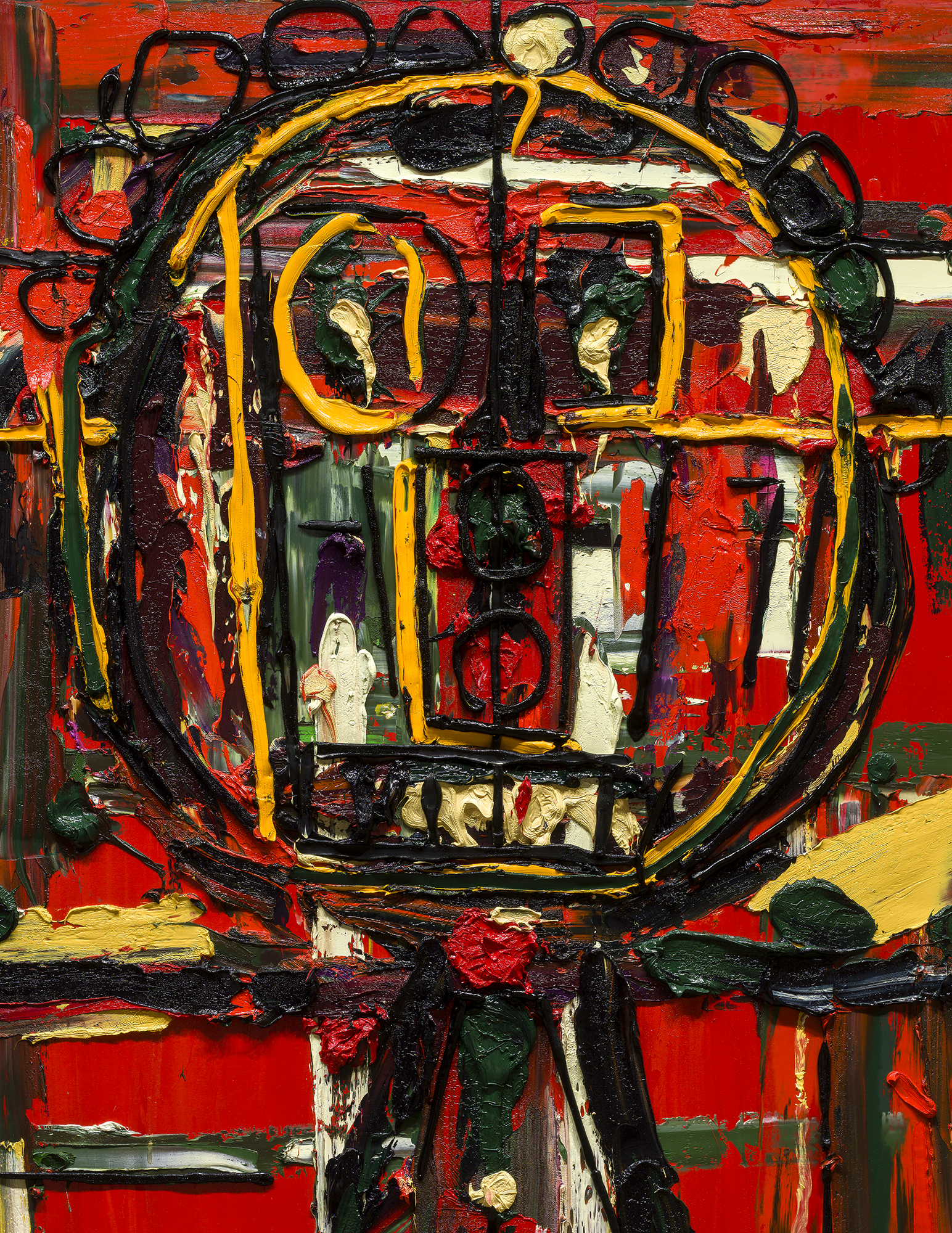 Impasto oil painting in red, yellow, and black — from A’yin Morradi’s catalogue, on the gallery floor. Photograph © Guy L’Heureux.