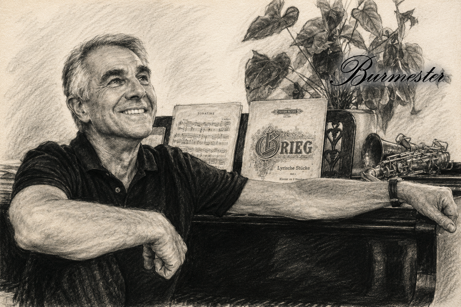 Dieter Burmester, founder of Burmester Audiosysteme — charcoal portrait with the Burmester wordmark.