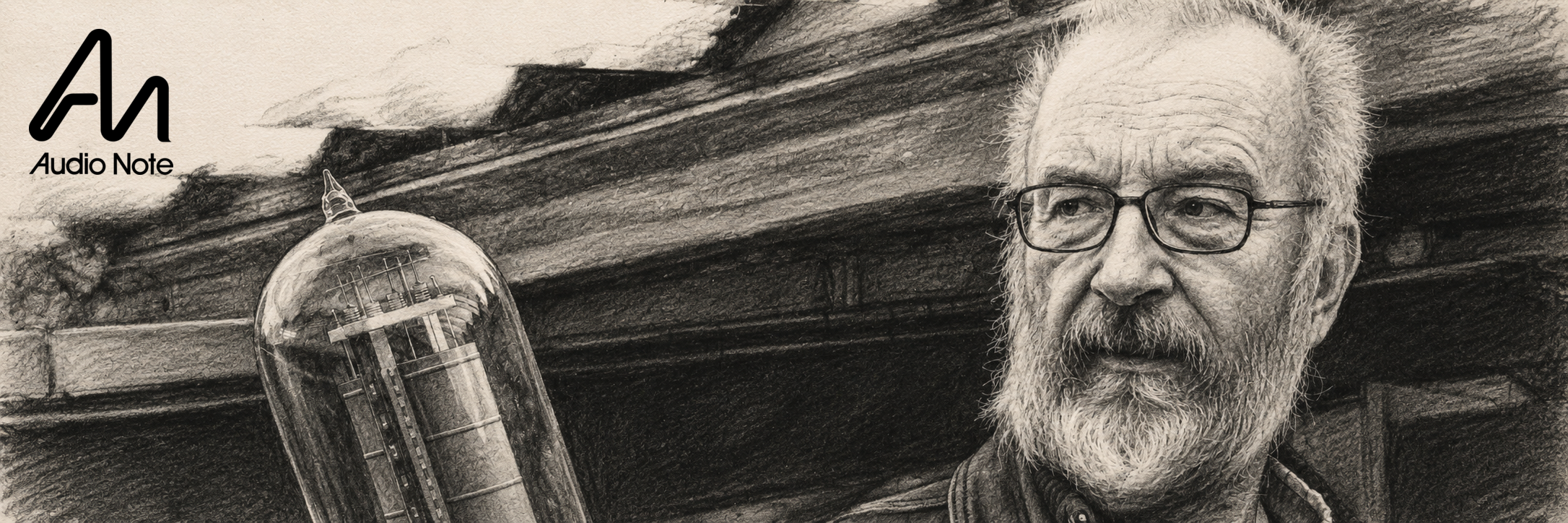 Peter Qvortrup, founder of Audio Note UK — charcoal portrait, holding a triode tube.