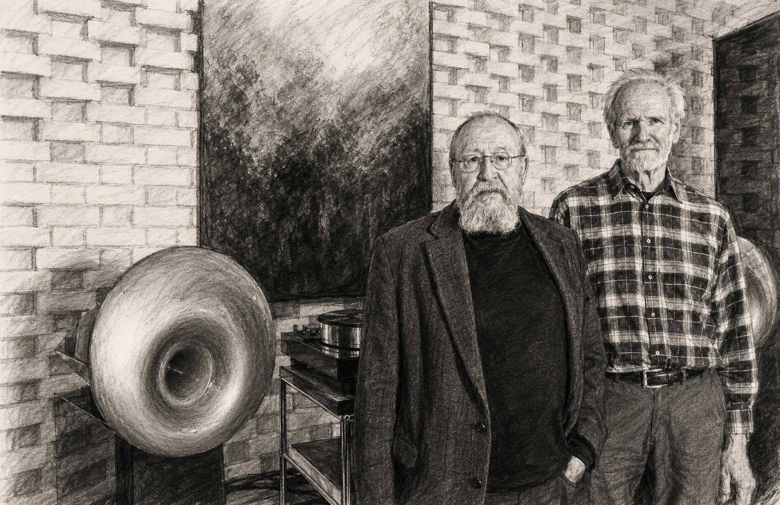 Hermann Winters and Alfred Rudolph, founders of Acapella Audio Arts — charcoal portraits with the Acapella mark.